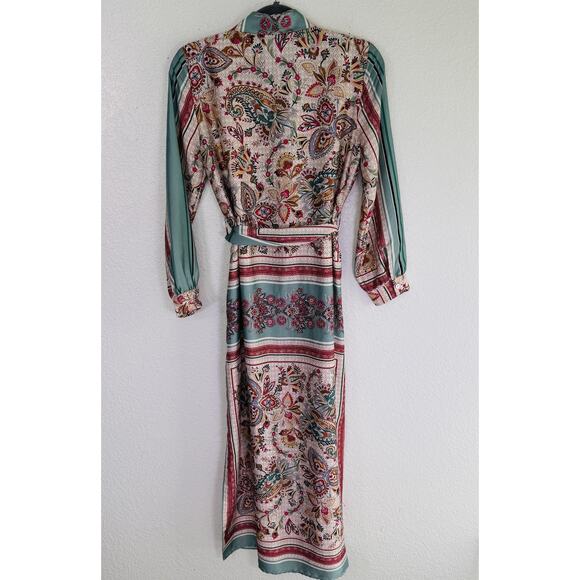 Zara Dress Womens Small Satin Paisley Floral Shirt Belted Boho Midi Blogger Fave - Picture 2 of 13